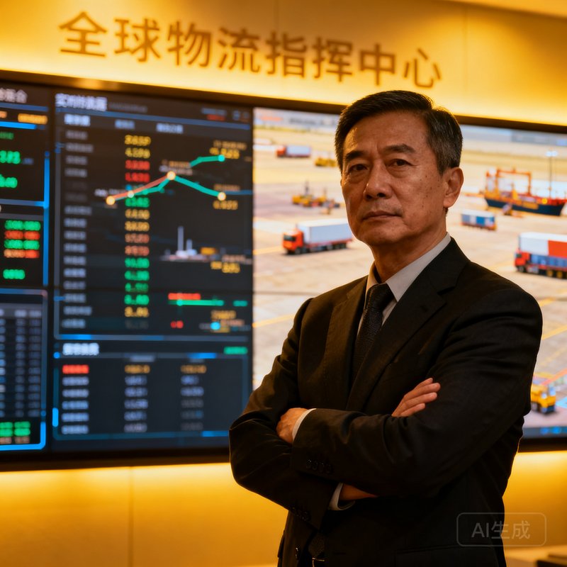 bjl平台集团创始人兼CEO陈远舟先生，50岁左右，短发干练，穿着深色西装，站在全球物流指挥中心大屏前双臂交叉，神情坚定而沉稳，背景是实时数据大屏