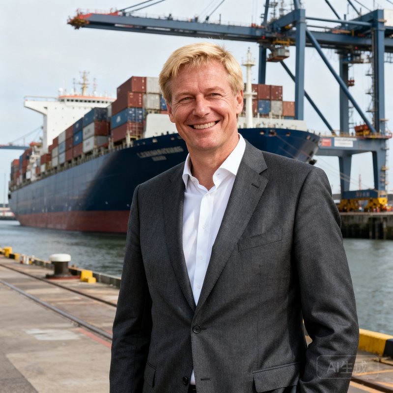 bjl平台集团COO Hendrik van der Meer先生，55岁荷兰籍男性，身材高大，金色短发，穿着深灰色西装，站在鹿特丹港口码头上，背景是巨型集装箱货轮和自动化岸桥，面带微笑展现亲和力
